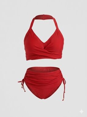 2/$30 ✨ Red High Waisted Bikini Set Ruched Bottom Adjustable Straps M NWT